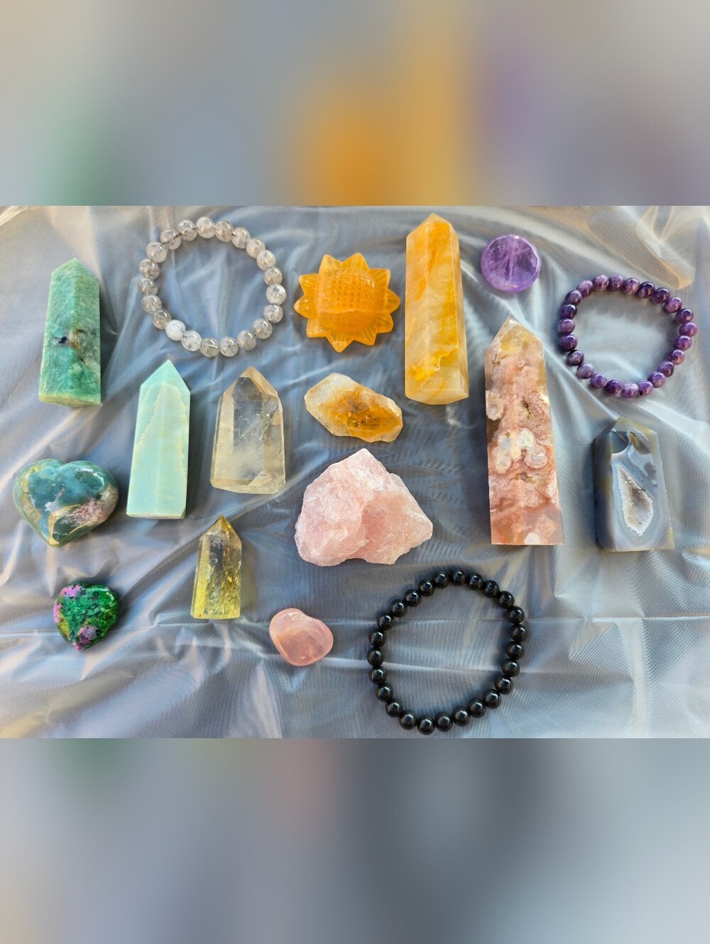 Citrine, Rose Quartz, Amethyst, Shungite, Orange Calcite Towers and Bracelets